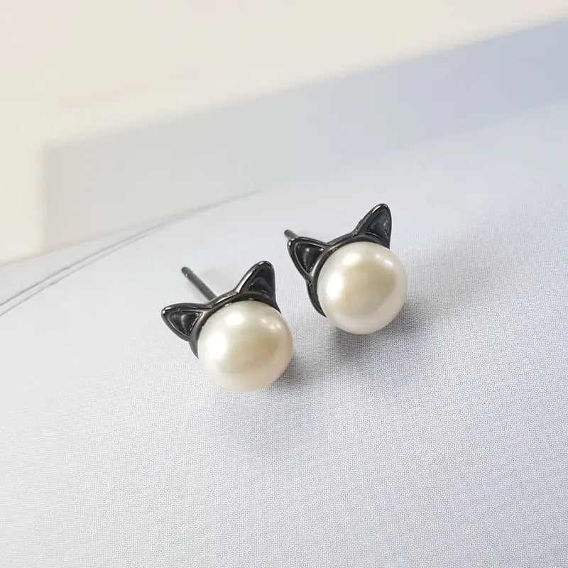 925 Silver Freshwater Pearl Cat Ears Earrings