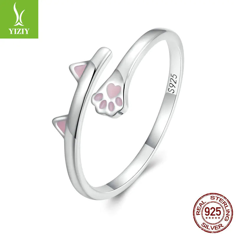 Cute S925 Silver Cat Open Ring with Paw Print Design