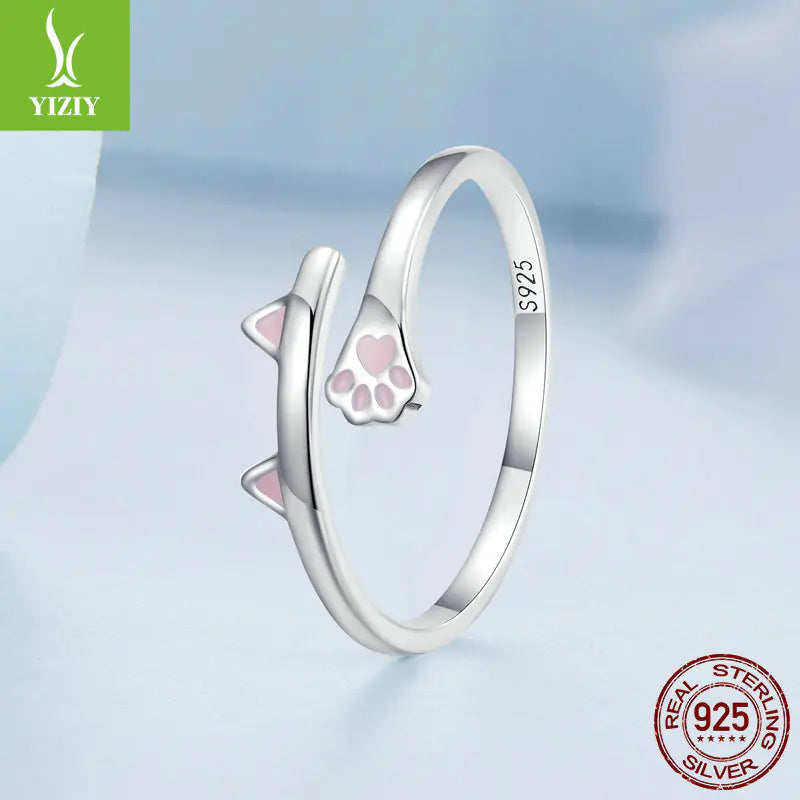 Cute S925 Silver Cat Open Ring with Paw Print Design
