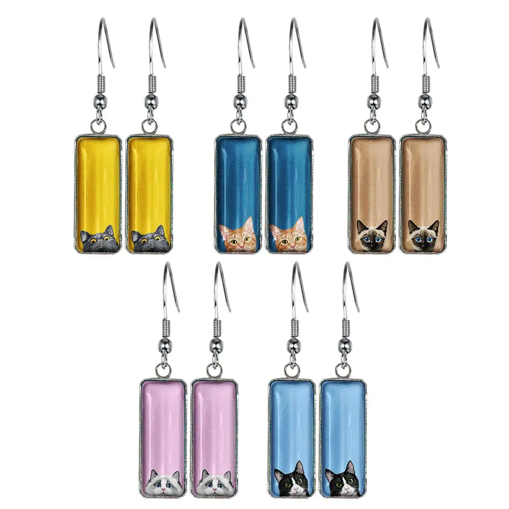 WIRESTER 5 Pairs Glass Rectangle Earrings Drop Dangle Earrings Fashion Jewelry Accessories For Women - Bombay Kitten Cat Orange Tabby Kitten Siamese Kitten Ragdoll Cat Tuxedo Cat