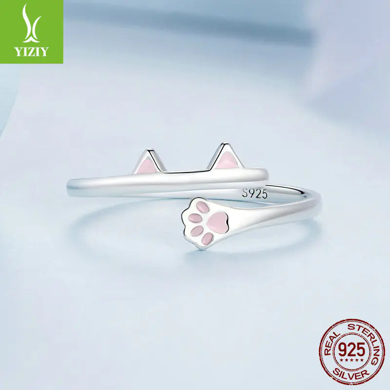 Cute S925 Silver Cat Open Ring with Paw Print Design