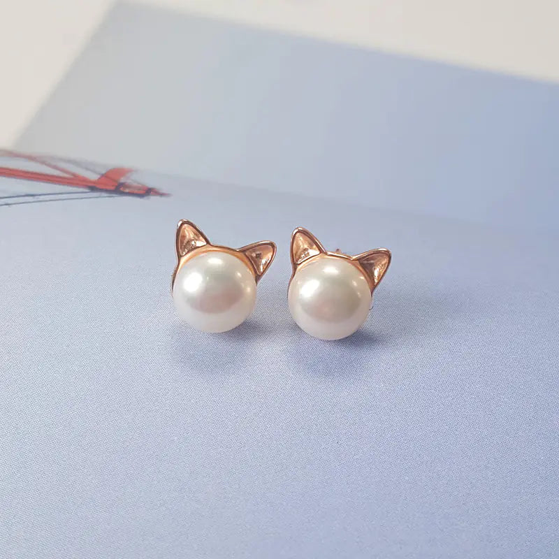925 Silver Freshwater Pearl Cat Ears Earrings