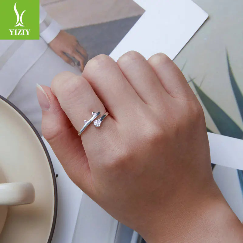 Cute S925 Silver Cat Open Ring with Paw Print Design