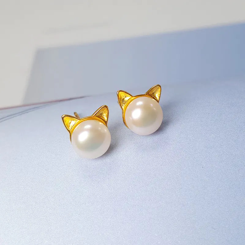 925 Silver Freshwater Pearl Cat Ears Earrings