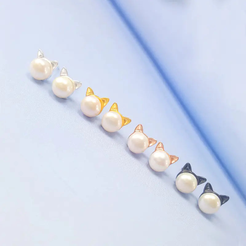 925 Silver Freshwater Pearl Cat Ears Earrings