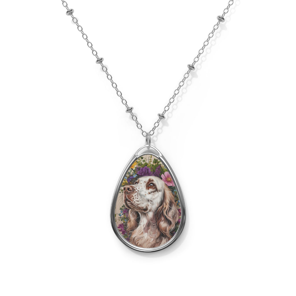 Floral English Setter Portrait Oval Necklace - Dog Jewelry