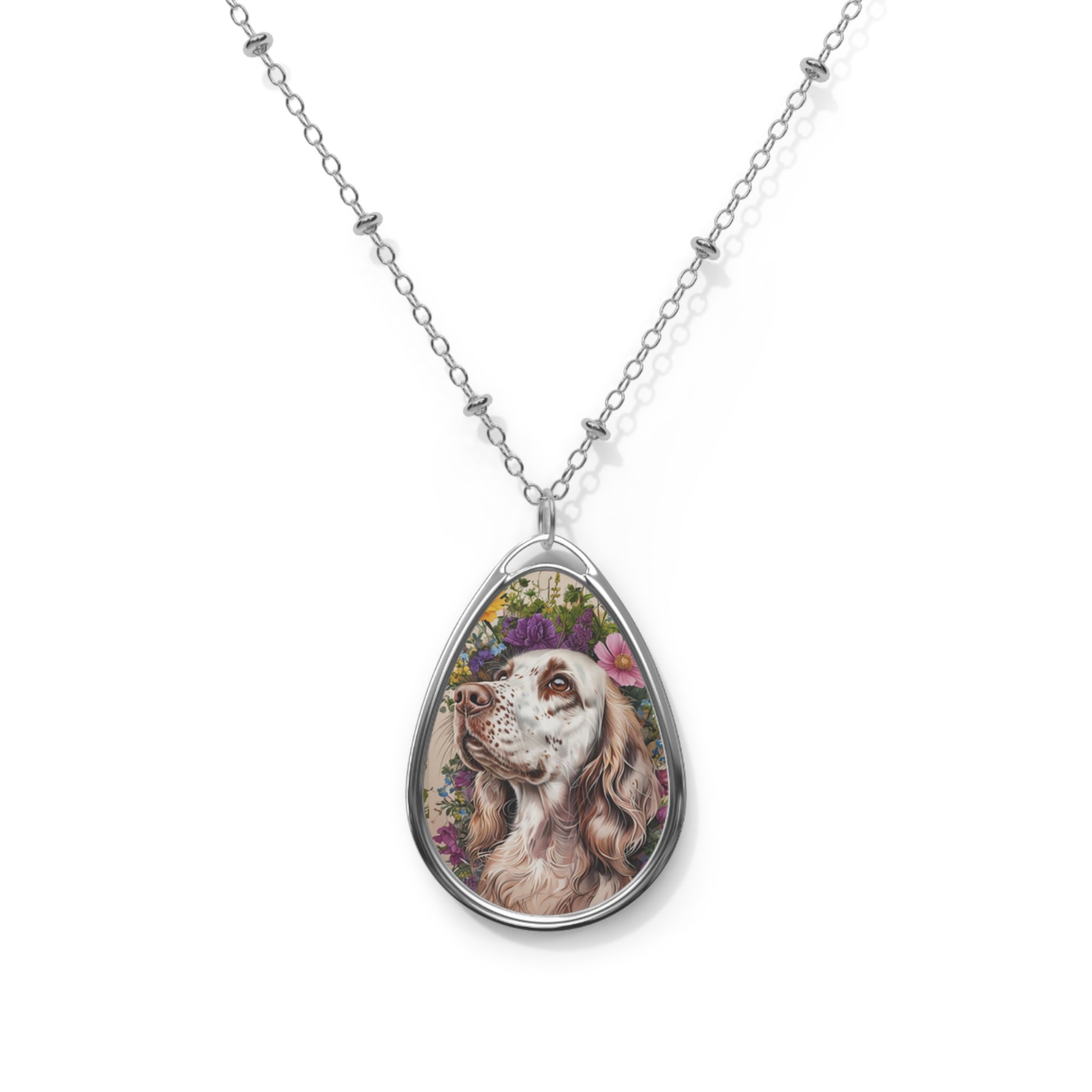 Floral English Setter Portrait Oval Necklace - Dog Jewelry
