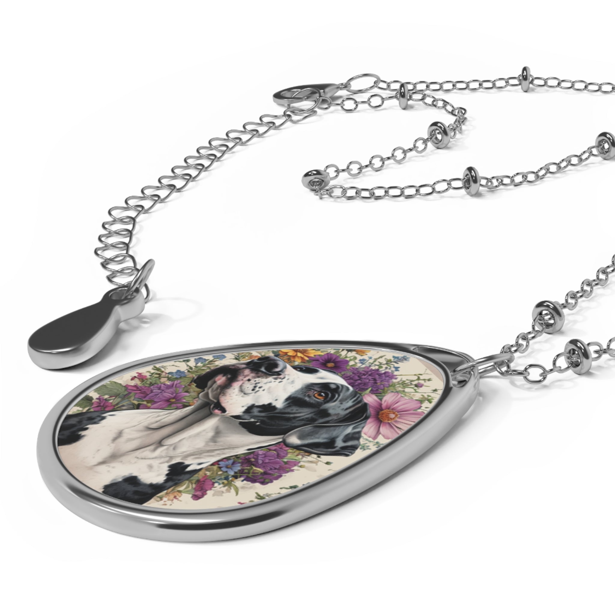 Great Dane Dog Lover's Oval Necklace with Floral Design