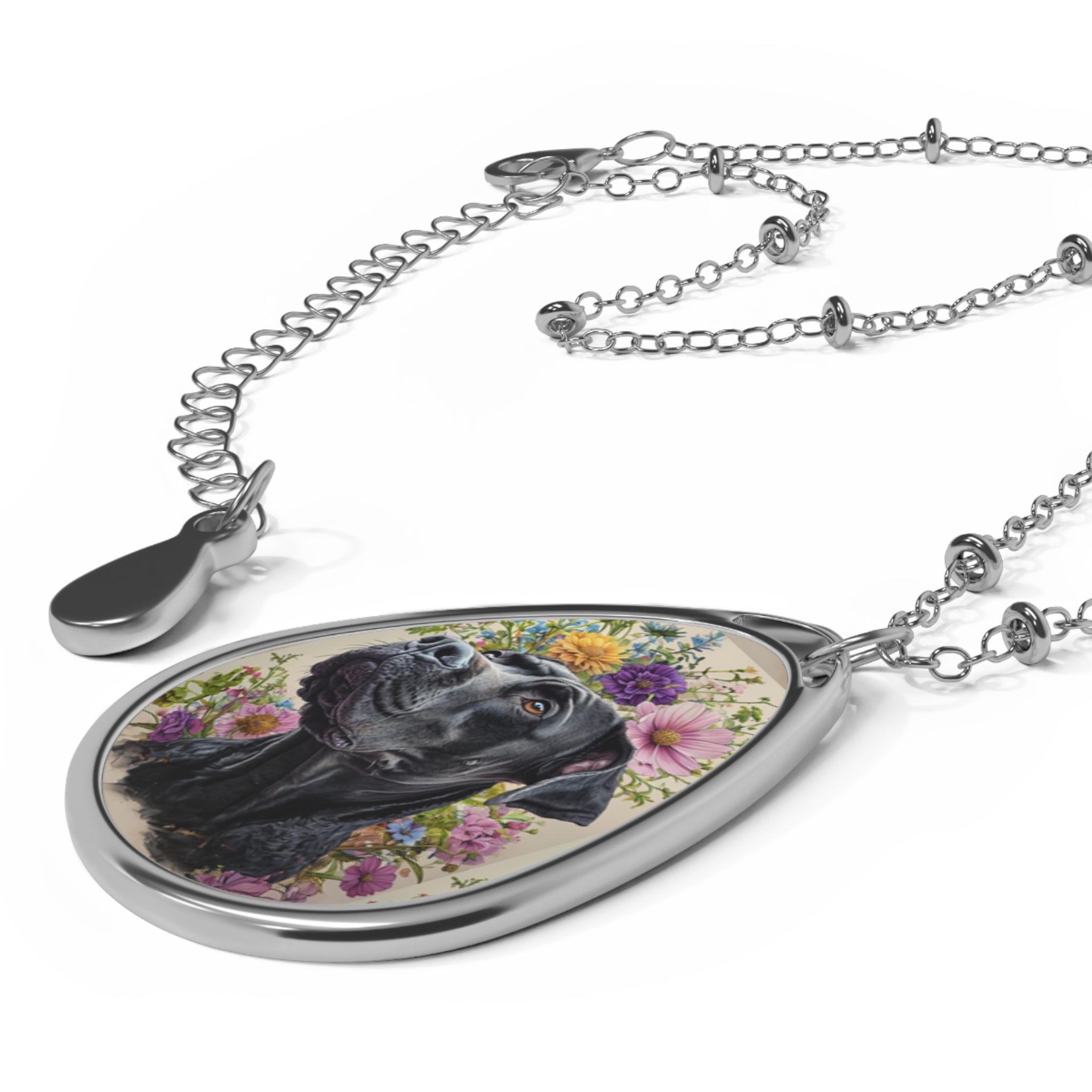 Floral Cane Corso Portrait Oval Necklace - Dog Jewelry