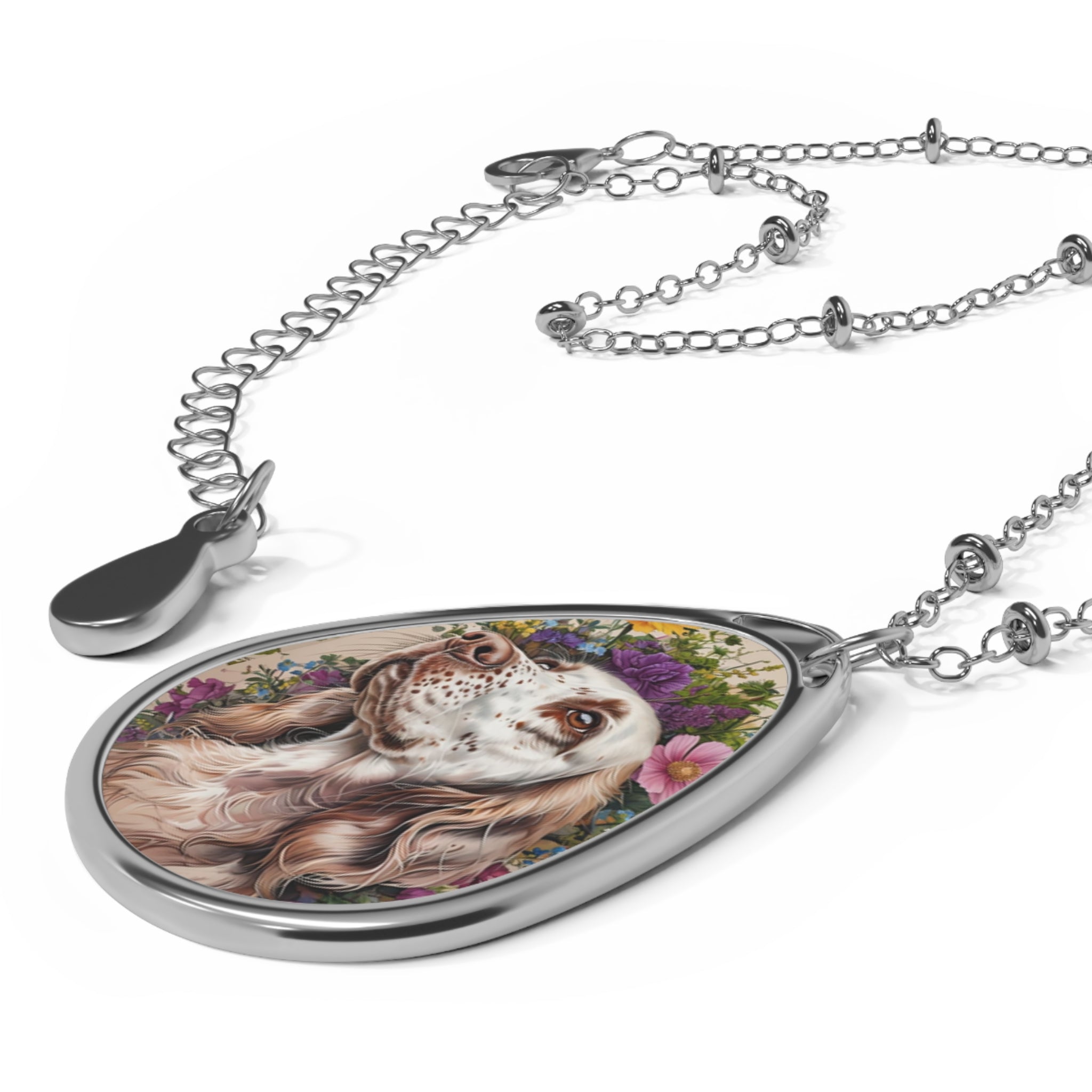 Floral English Setter Portrait Oval Necklace - Dog Jewelry