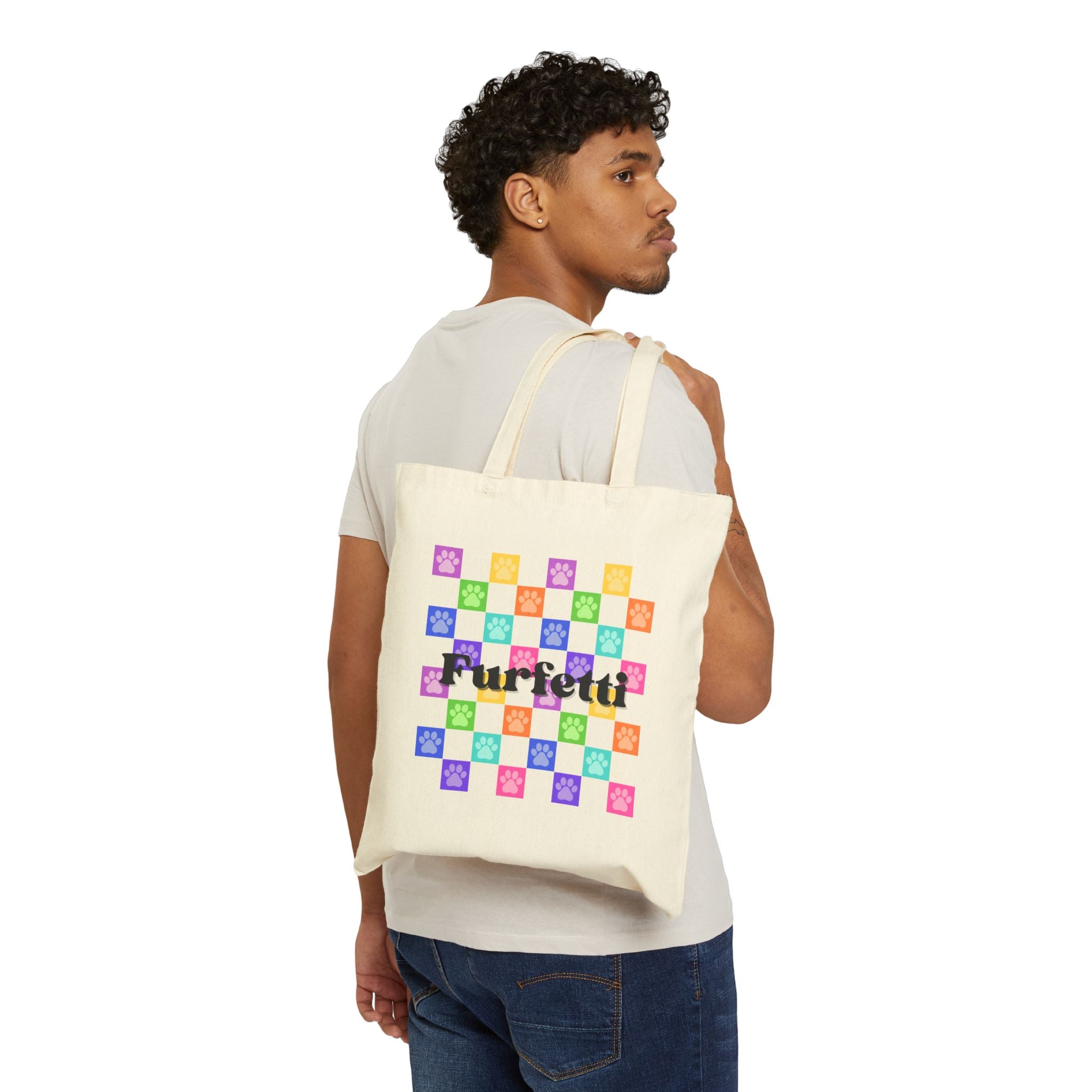 Colorful Pet Paw Print Canvas Tote Bag - White