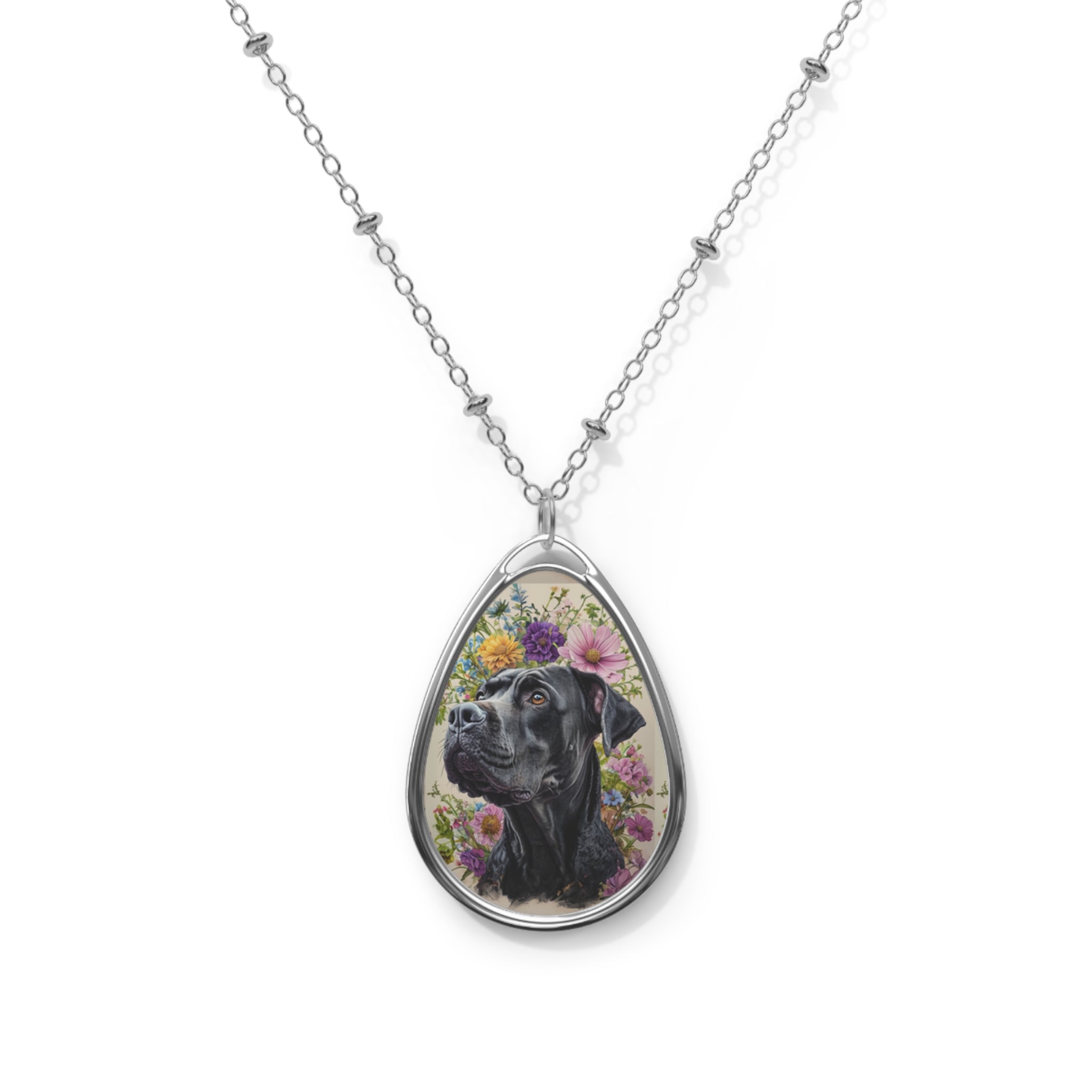 Floral Cane Corso Portrait Oval Necklace - Dog Jewelry