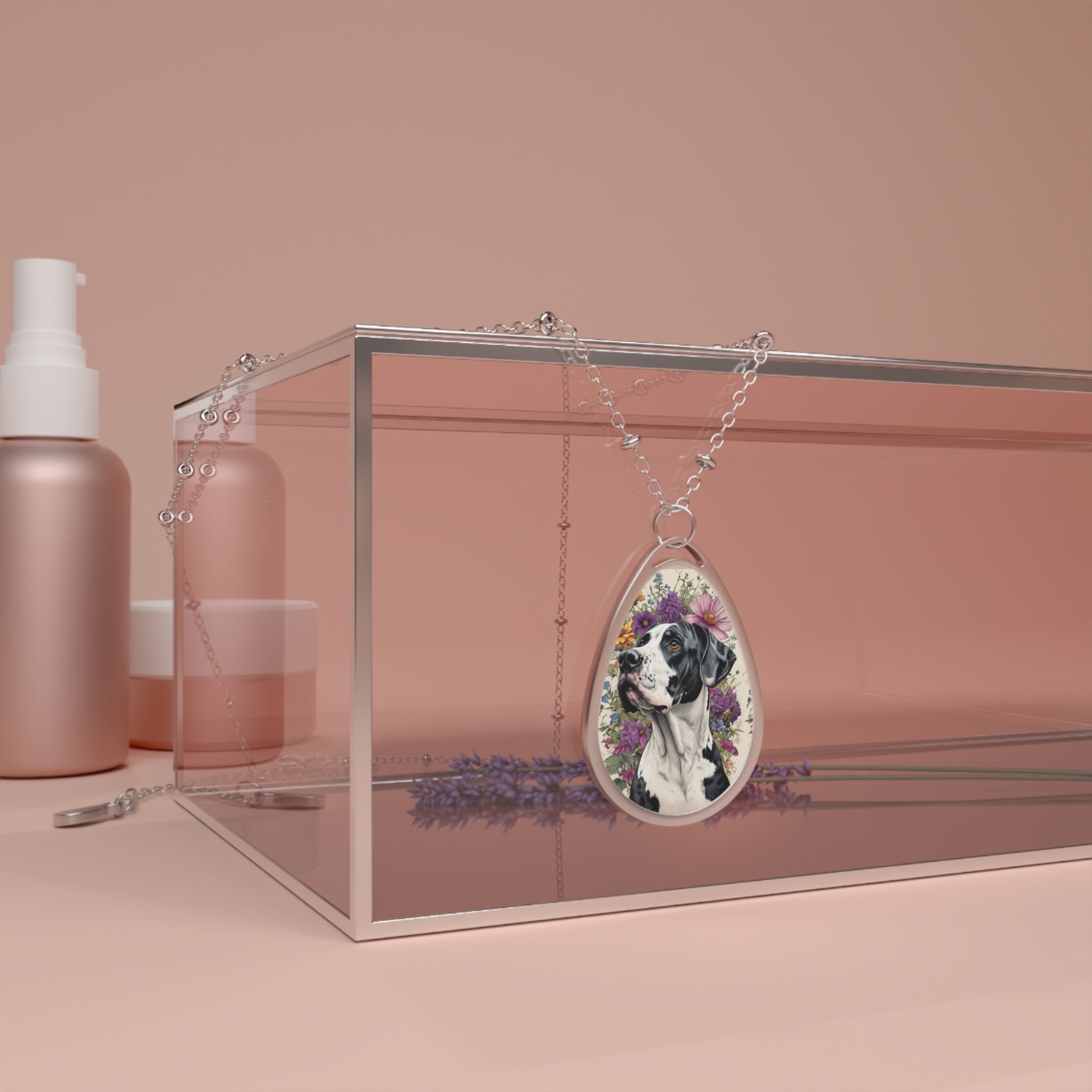 Great Dane Dog Lover's Oval Necklace with Floral Design