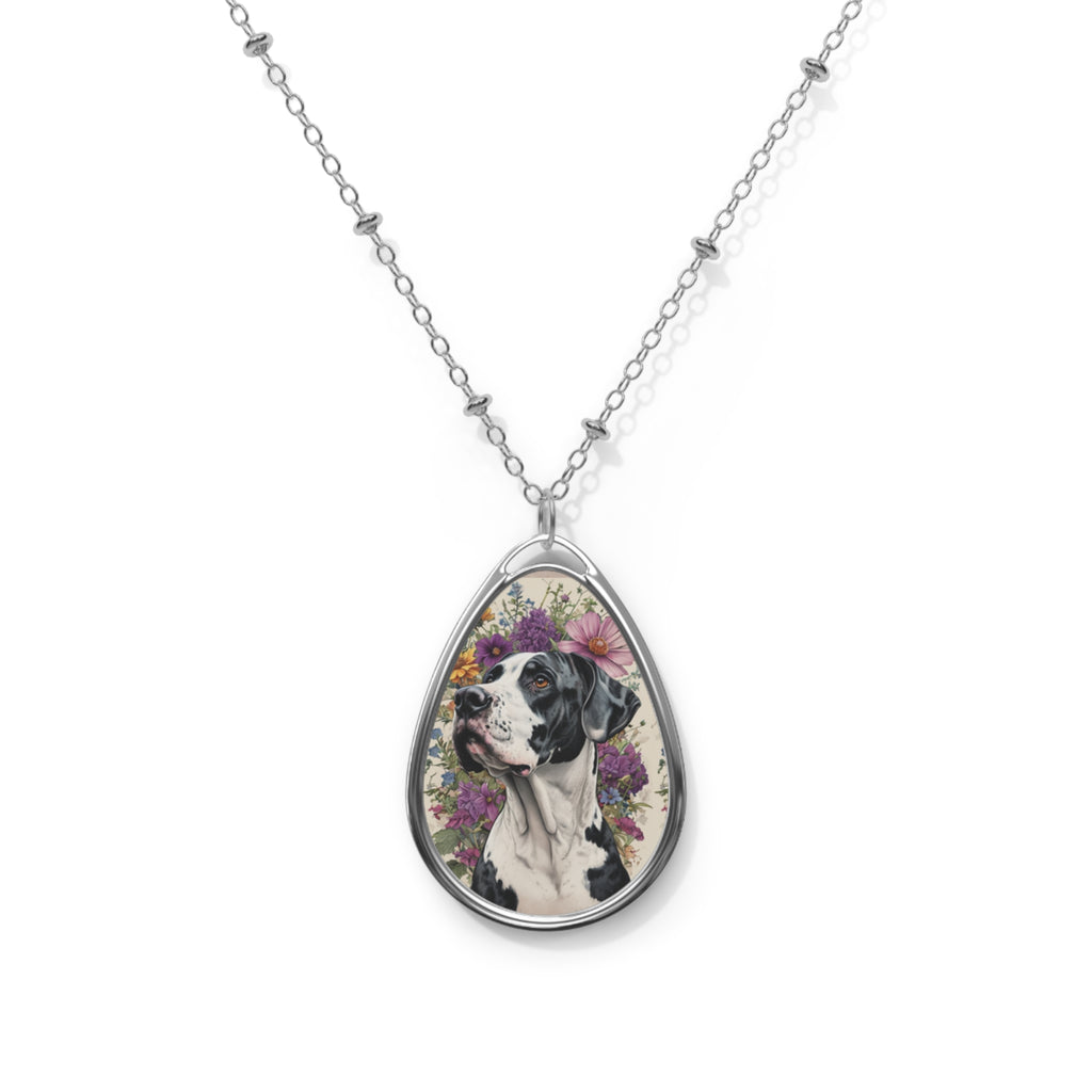 Great Dane Dog Lover's Oval Necklace with Floral Design
